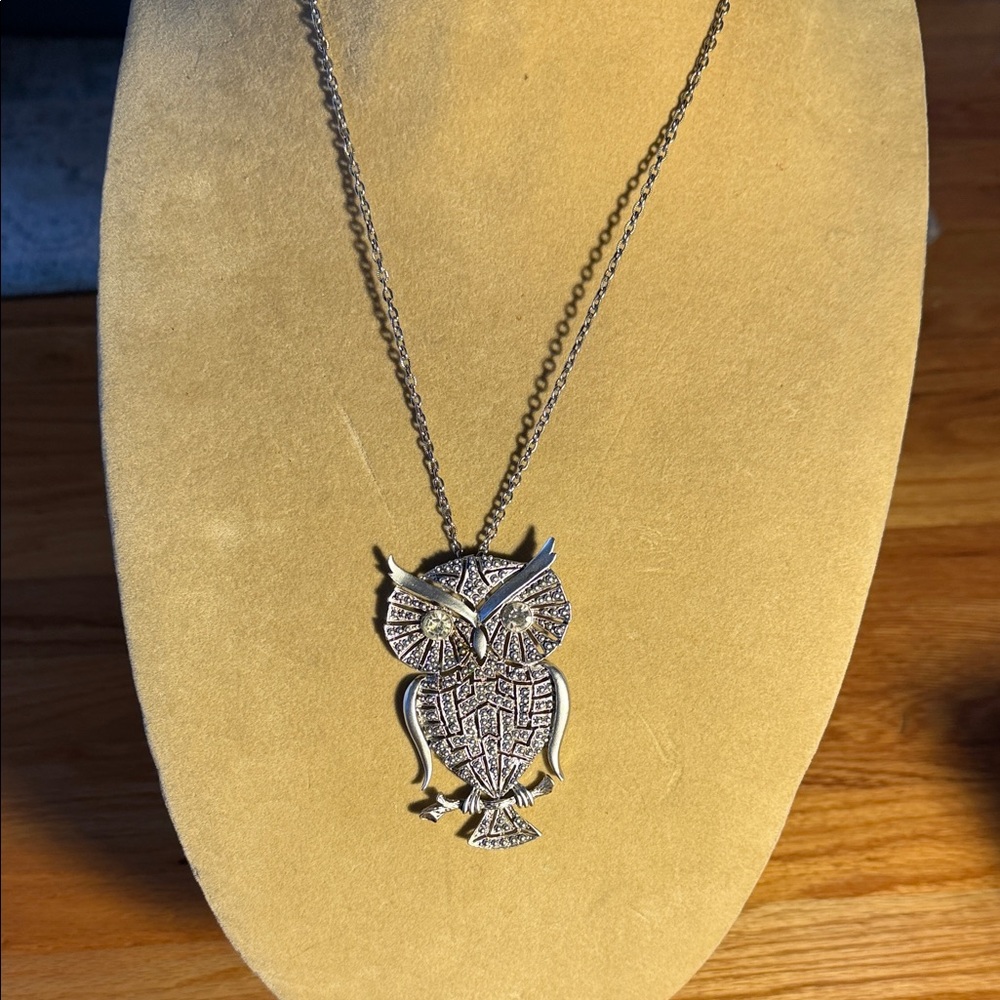 Silver-Tone Owl Pendant Necklace with Crystal Accents
